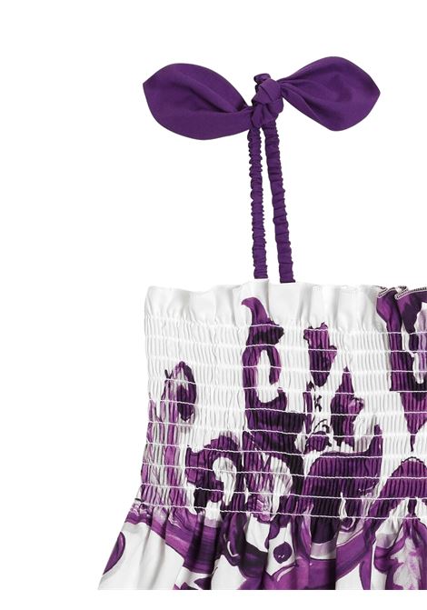 Dress with Purple Maiolica Print and Bow Shoulder Straps DOLCE & GABBANA KIDS | L54DE0-HH5ENIP3TN